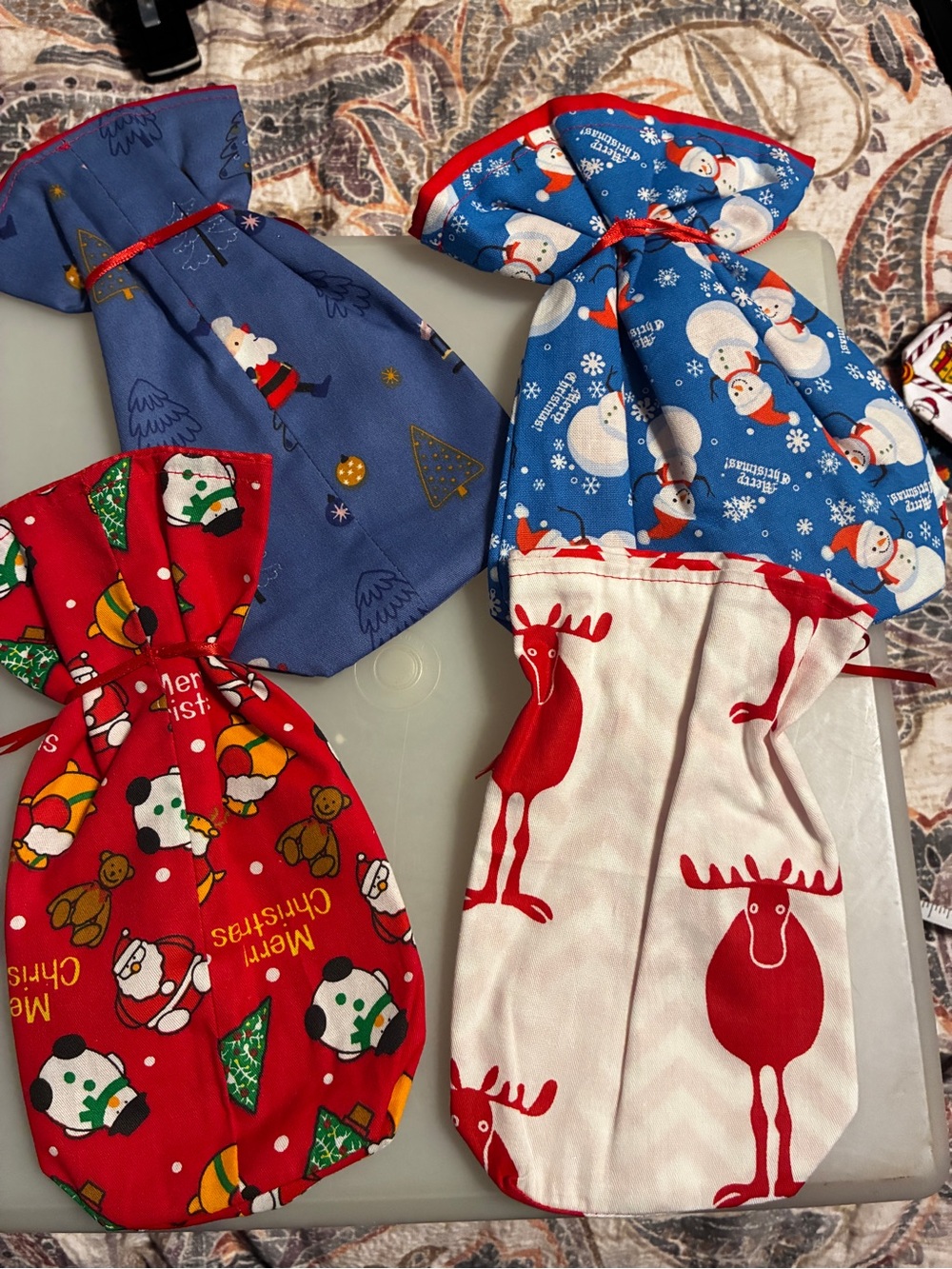 Festive Holiday Cloth Gift Bags - Multi-Color Set of 4 - Picture 3 of 4